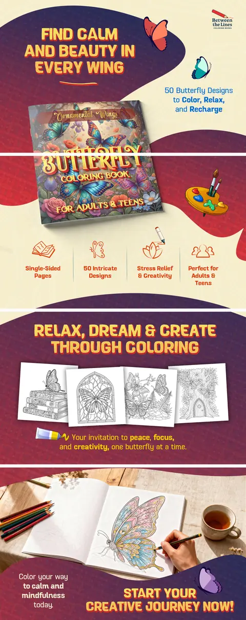 Ornamental Wings butterfly coloring book A+ Content preview